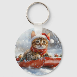 Bengal Cat in Sledge Let it Snow Christmas Keychain