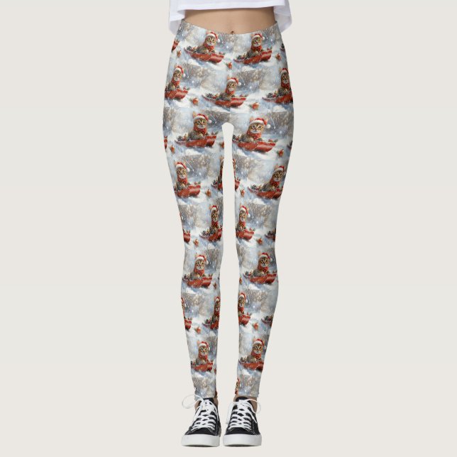 Bengal Cat in Sledge Let it Snow Christmas Leggings (Front)