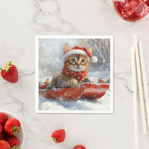 Bengal Cat in Sledge Let it Snow Christmas Napkin