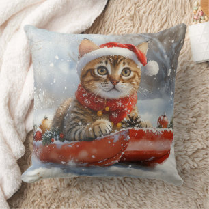 Bengal Cat in Sledge Let it Snow Christmas Throw Pillow