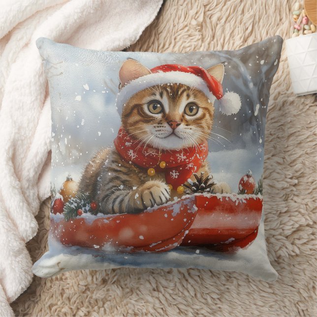 Bengal Cat in Sledge Let it Snow Christmas Throw Pillow (Blanket)