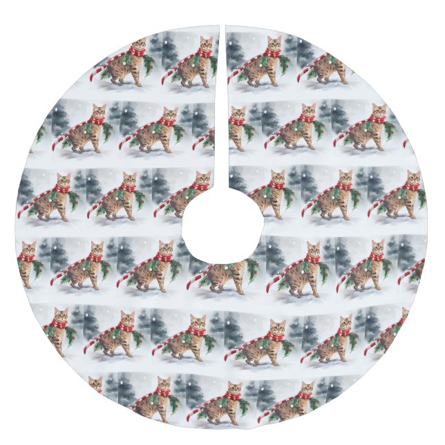 Bengal Cat in Snow Christmas  Brushed Polyester Tree Skirt (Front)