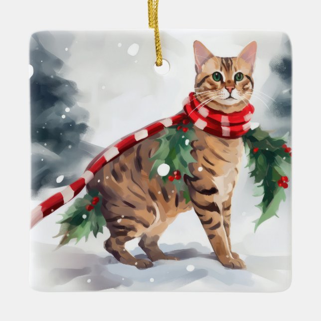 Bengal Cat in Snow Christmas  Ceramic Ornament (Front)