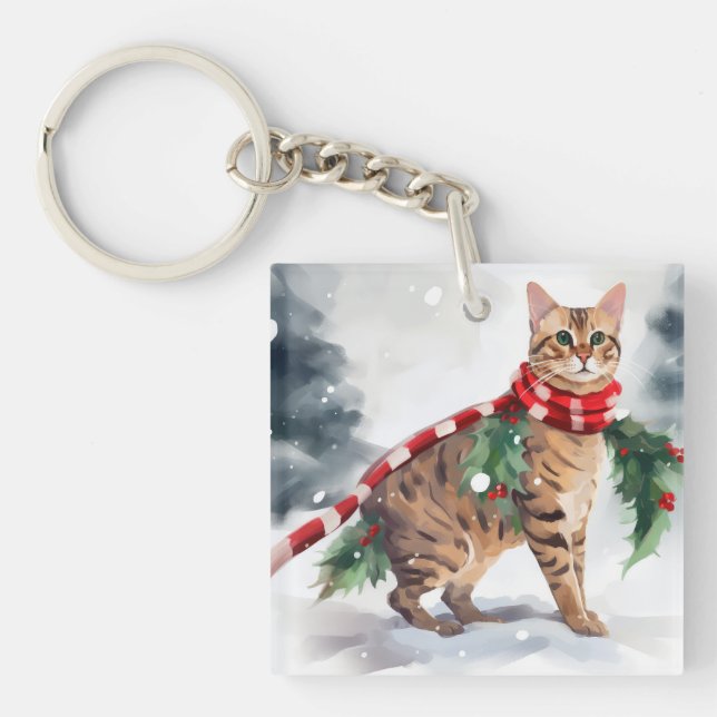 Bengal Cat in Snow Christmas  Keychain (Front)