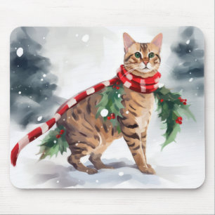 Bengal Cat in Snow Christmas  Mouse Pad