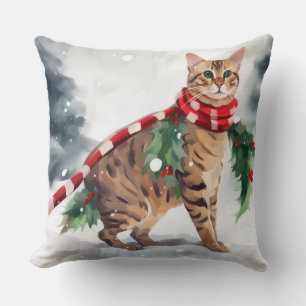 Bengal Cat in Snow Christmas Throw Pillow