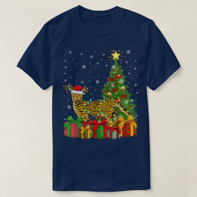 Bengal Cat Lighting Xmas Tree Santa Hat Bengal Cat T-Shirt (Design Front)