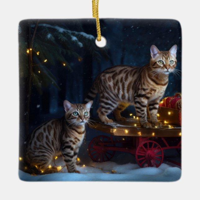 Bengal Cat Snowy Sleigh Ride Christmas Decor  Ceramic Ornament (Front)
