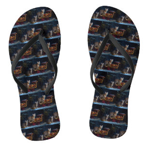 Bengal Cat Snowy Sleigh Ride Christmas Decor  Flip Flops