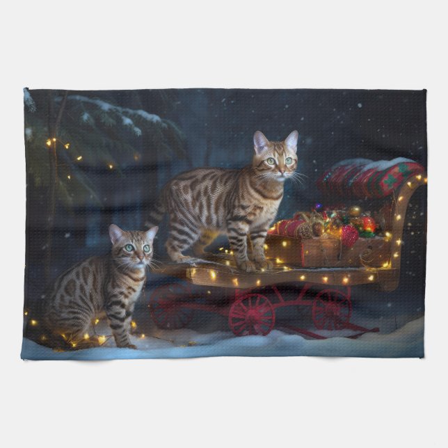 Bengal Cat Snowy Sleigh Ride Christmas Decor  Kitchen Towel (Horizontal)