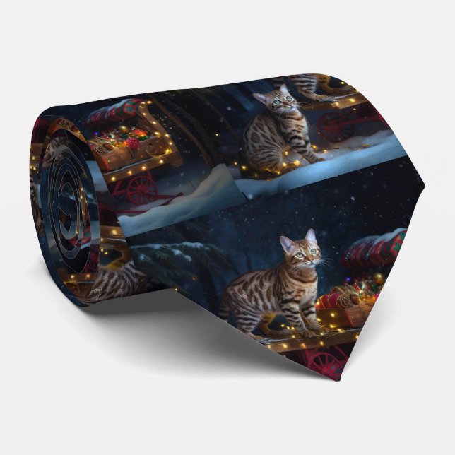 Bengal Cat Snowy Sleigh Ride Christmas Decor  Tie (Rolled)