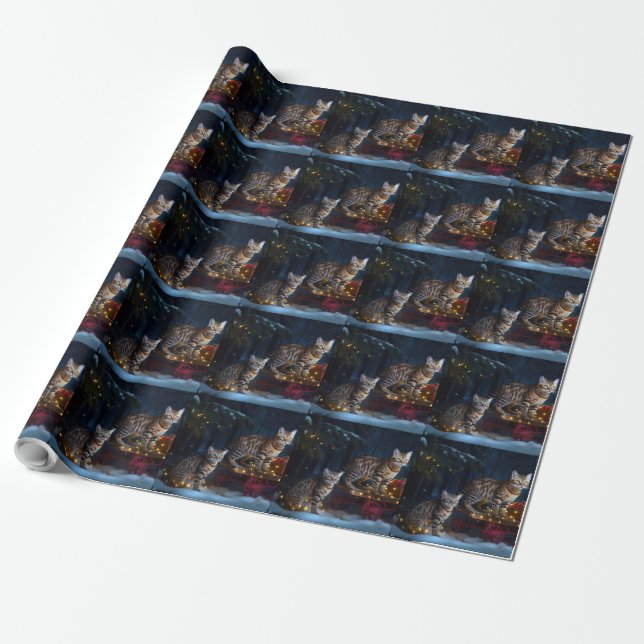 Bengal Cat Snowy Sleigh Ride Christmas Decor  Wrapping Paper (Unrolled)