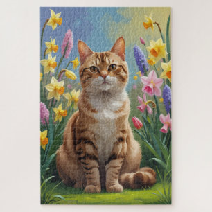 Bengal Cat Spring Flowers Painting Jigsaw Puzzle