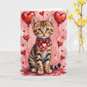 Bengal Cat Valentine Sitting with Hearts Red Card