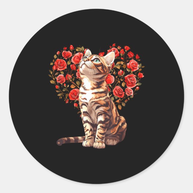 Bengal Cat Valentines Day Floral Heart Design For  Classic Round Sticker (Front)