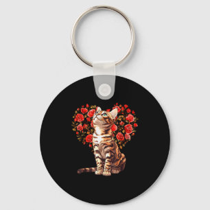 Bengal Cat Valentines Day Floral Heart Design For Keychain