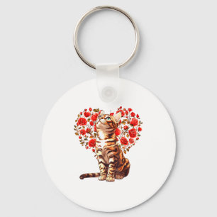 Bengal Cat Valentines Day Floral Heart Design For  Keychain