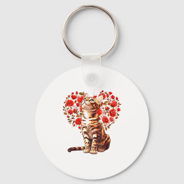 Bengal Cat Valentines Day Floral Heart Design For  Keychain (Front)