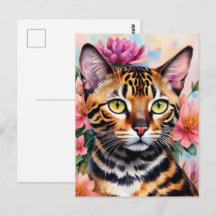Bengal Cat Watercolor Floral Art