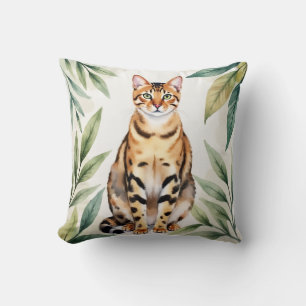 Bengal Cat Watercolor Jungle Leaf Art Throw Pillow