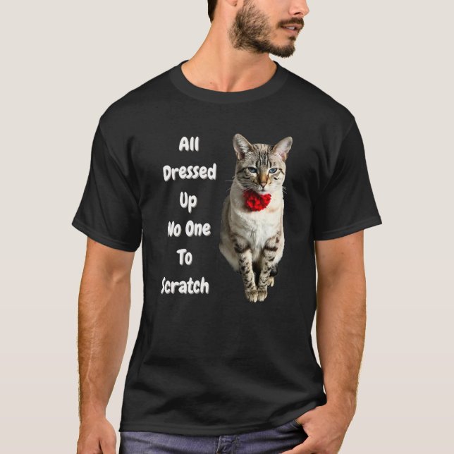 Bengal Cat With Bow All Dressed Up No One To Scrat T-Shirt (Front)