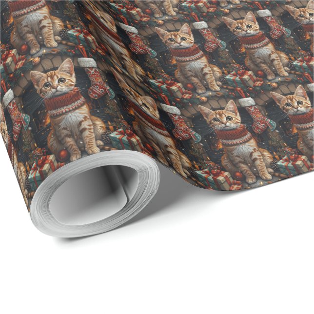 Bengal Cat With Christmas Gifts Fireplace Wrapping Paper (Roll Corner)