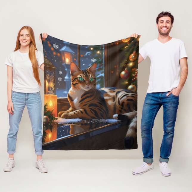 Bengal Cat With Christmas Lights Holiday Fleece Blanket (In Situ)