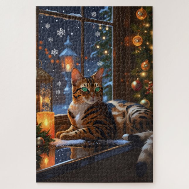 Bengal Cat With Christmas Lights Holiday Jigsaw Puzzle (Vertical)