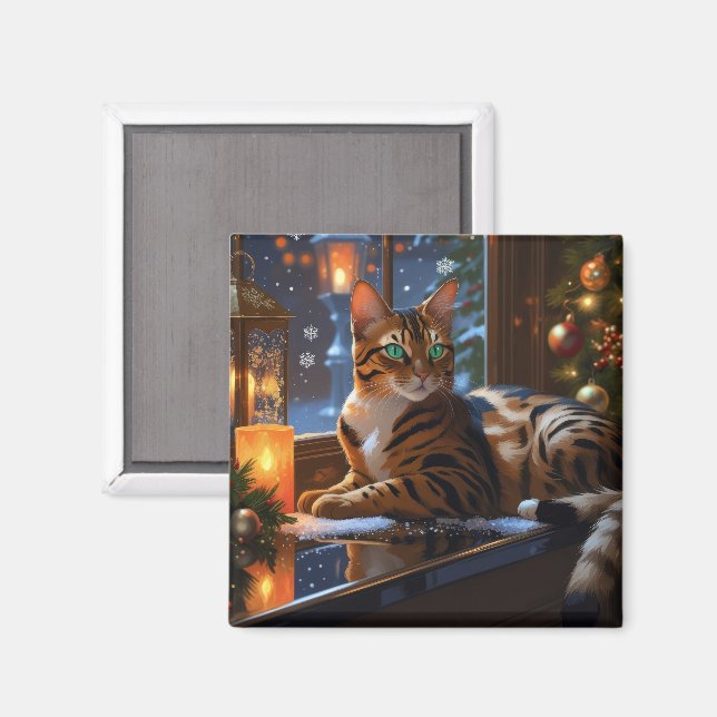 Bengal Cat With Christmas Lights Holiday Magnet (Front/Back)