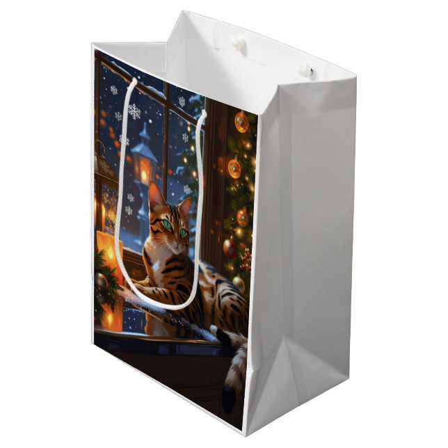 Bengal Cat With Christmas Lights Holiday Medium Gift Bag (Front Angled)