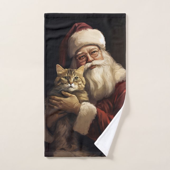 Bengal Cat with Santa Claus Festive Christmas Bath Towel Set (Hand Towel)