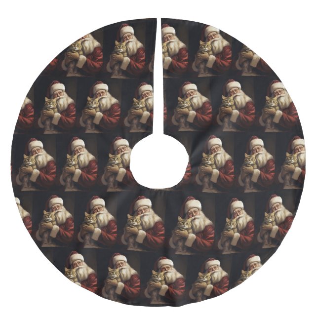 Bengal Cat with Santa Claus Festive Christmas Brushed Polyester Tree Skirt (Front)