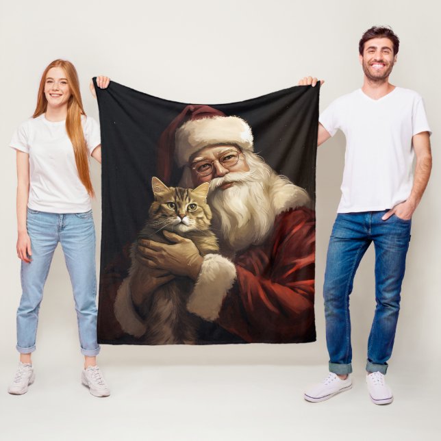 Bengal Cat with Santa Claus Festive Christmas Fleece Blanket (In Situ)