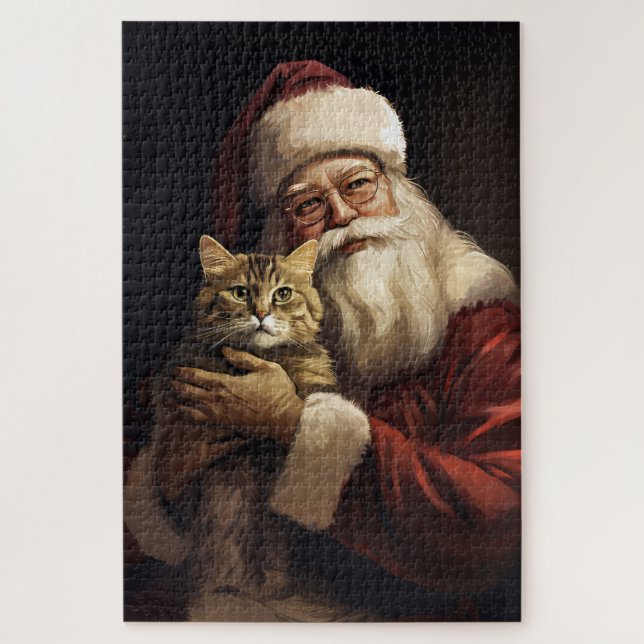 Bengal Cat with Santa Claus Festive Christmas Jigsaw Puzzle (Vertical)