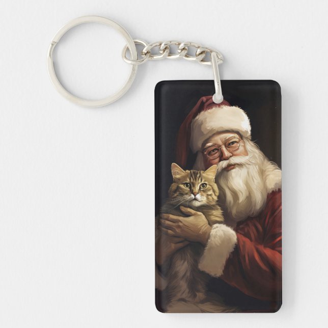 Bengal Cat with Santa Claus Festive Christmas Keychain (Front)