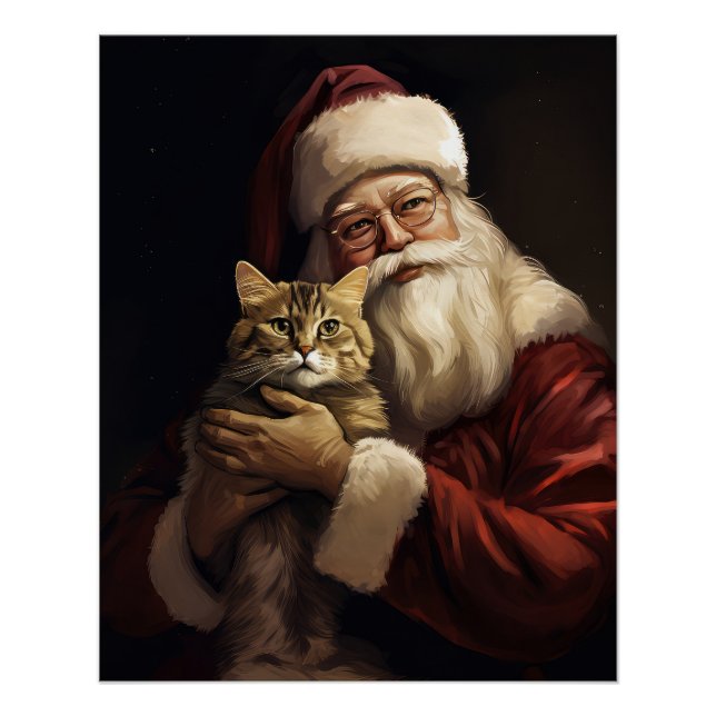 Bengal Cat with Santa Claus Festive Christmas Poster (Front)