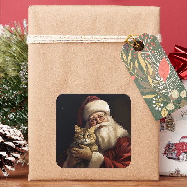 Bengal Cat with Santa Claus Festive Christmas Square Sticker (Holiday)