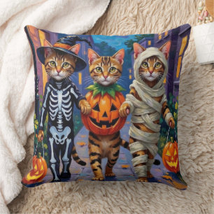 Bengal Cats Trick-or-Treating in Halloween Costume Throw Pillow