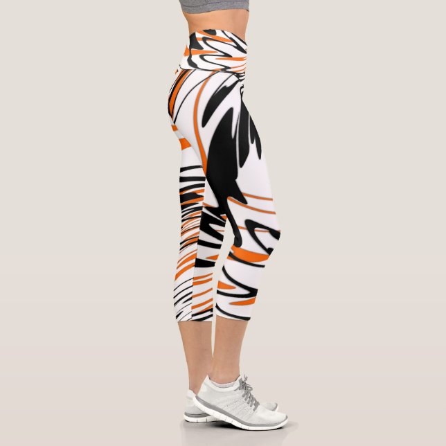 Bengal Colours Squiggly Orange and Black Lines Capri Leggings (Right)