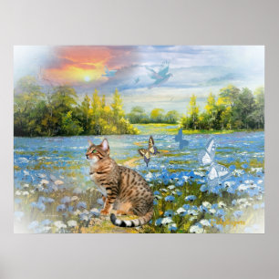 Bengal in bed of blue flowers Print