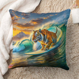 Bengal On A Surfboard Design By Rich AMeN Gill Throw Pillow