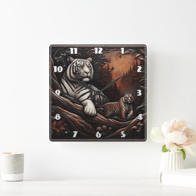 Bengal Tiger Family Among Forest Foliage Square Wall Clock (Home)