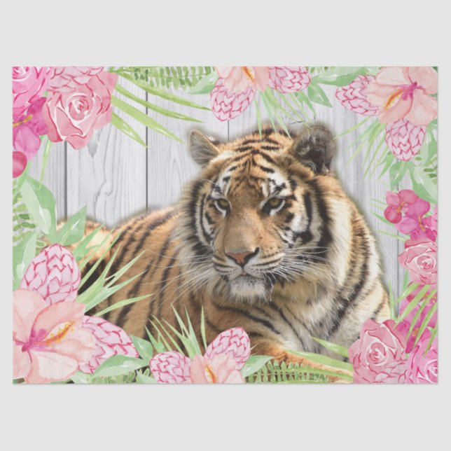 Bengal Tiger Floral Tropical Palm Decoupage Tissue Paper (Front)