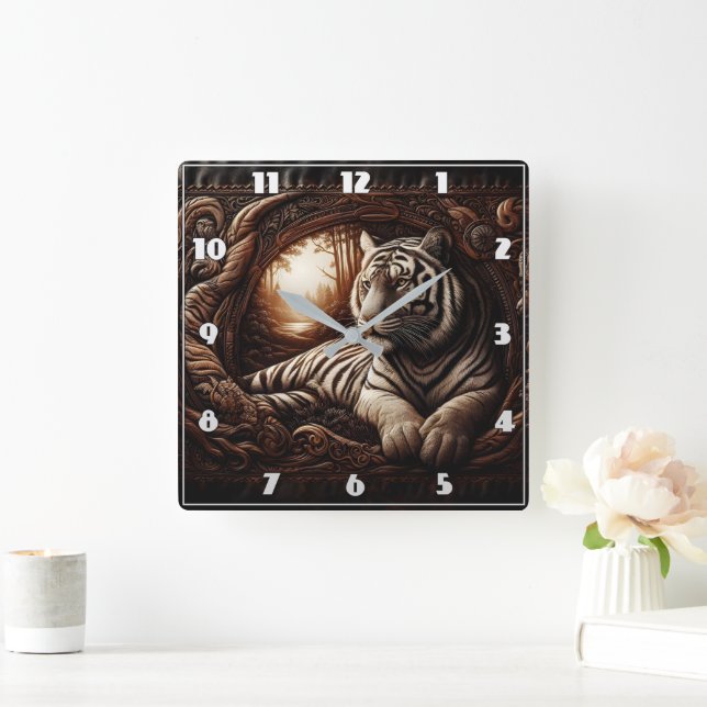 Bengal Tiger Relaxing in Woodland at Dusk Square Wall Clock (Home)