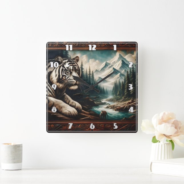 Bengal Tiger Resting by Mountain River Square Wall Clock (Home)