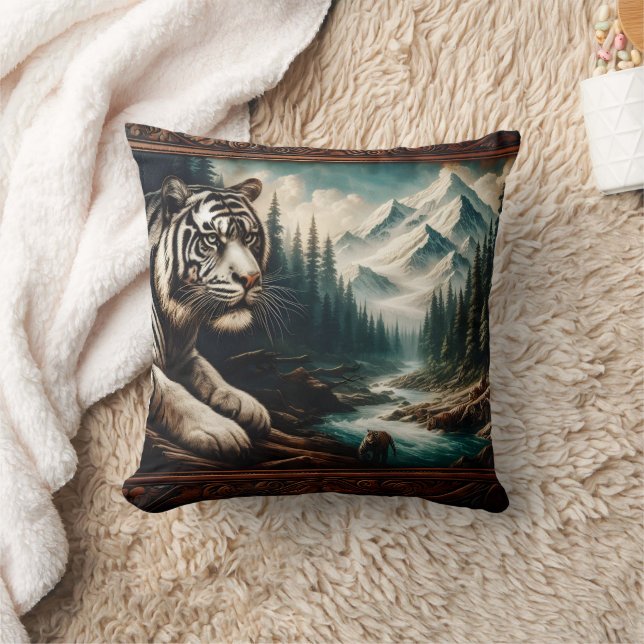 Bengal Tiger Resting by Mountain River Throw Pillow (Blanket)