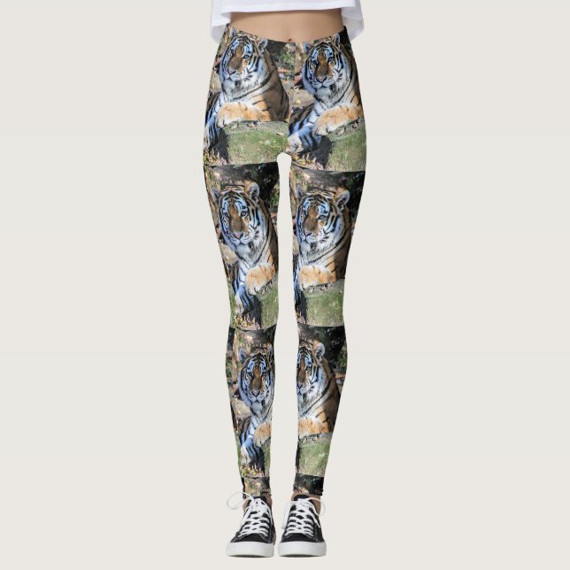 Bengal Tiger Resting on Forest Rock Pattern Leggings (Front)