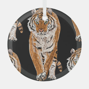 Bengal Tiger Sketch: Vintage Animal Print Glass Ornament