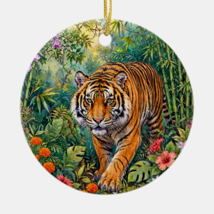 Bengal Tiger Vibrant Bamboo Jungle Ceramic Ornament