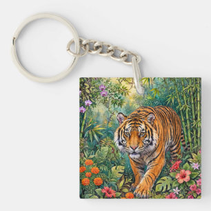 Bengal Tiger Vibrant Bamboo Jungle Keychain